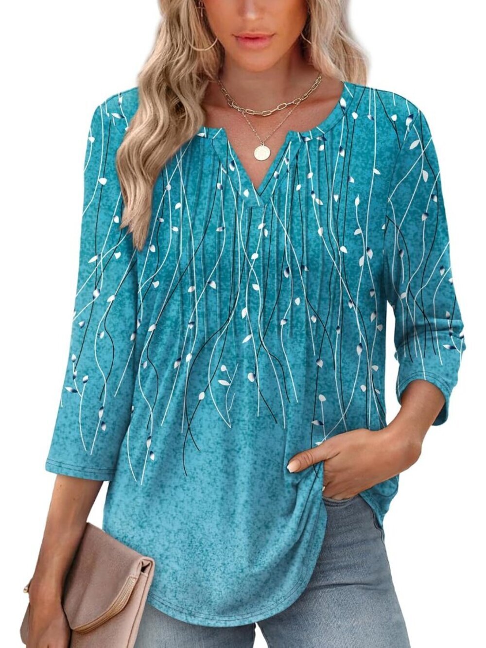 Womens 3/4 Sleeve Tops 2026 V-Neck Summer Outfits Casual Pleated Shirts Blouses